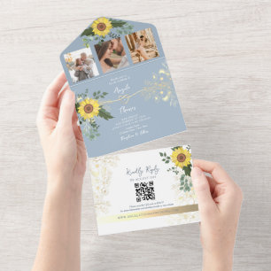Sunflower Botanical Dusty Blue Wedding All In One Invitation