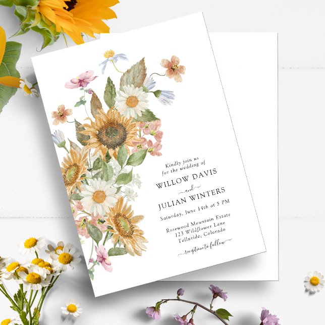 Sunflower Botanical Wedding Invitation (Elegant Sunflower Wildflower Botanical Wedding Invitation by Painted Paperie
)