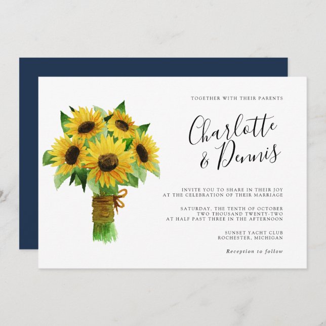 sunflower bouquet and navy blue horizontal wedding invitation (Front/Back)