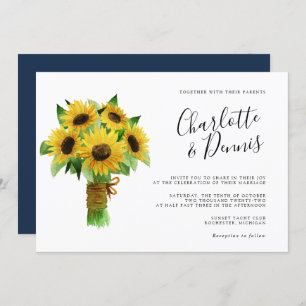 sunflower bouquet and navy blue horizontal wedding invitation