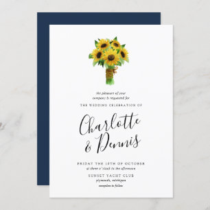 Sunflower bouquet and navy wedding invitation