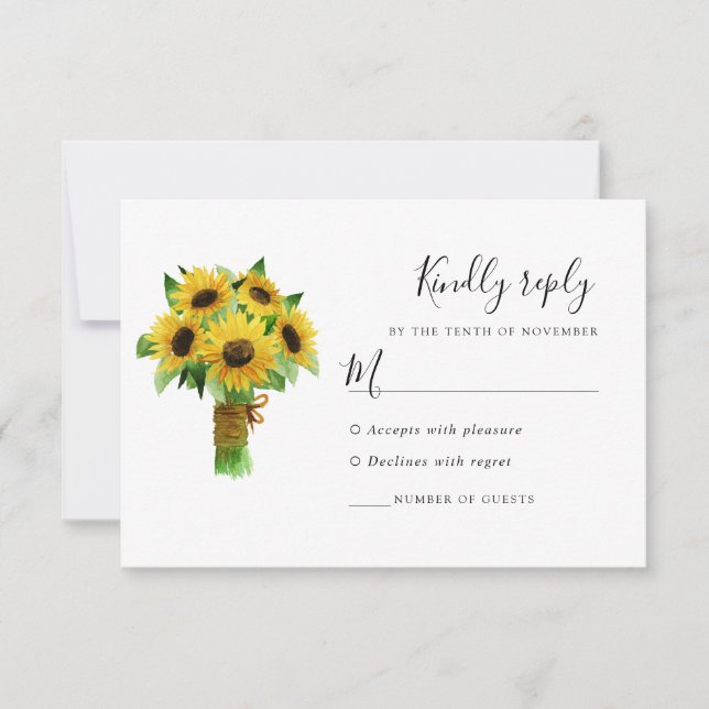 Sunflower bouquet and navy wedding response card (Front)