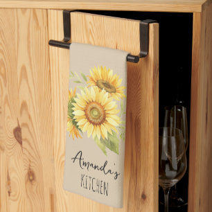 Sunflower Bouquet Customisable Name Warm Oatmeal Tea Towel
