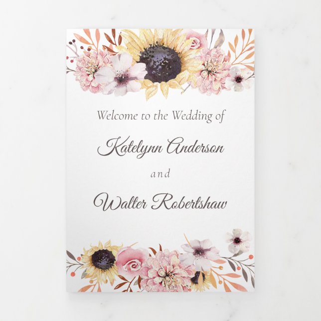 Sunflower Bouquet Folded Wedding Program Tri-Fold Card (Cover)