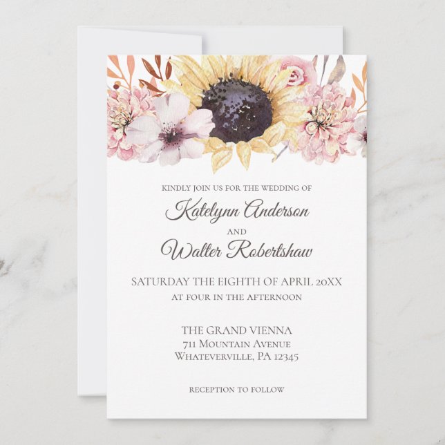 Sunflower Bouquet Late Summer Floral Wedding Invitation (Front)