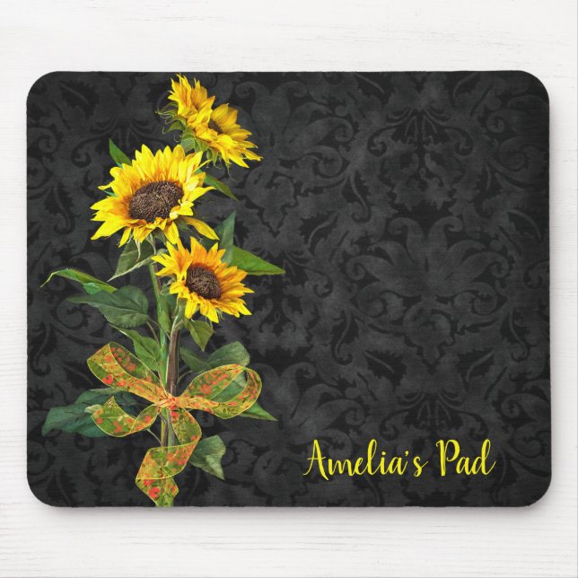 Sunflower Bouquet on Black Damask Mouse Pad (Front)