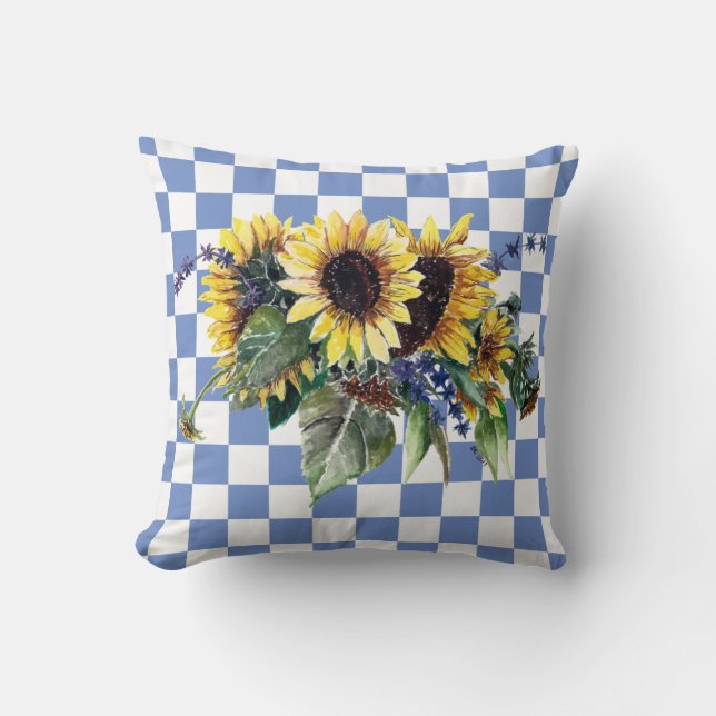 Sunflower Bouquet on Blue Checks Cushion (Front)