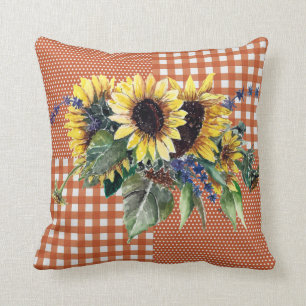 Sunflower Bouquet on Burnt Orange Gingham Pattern Cushion