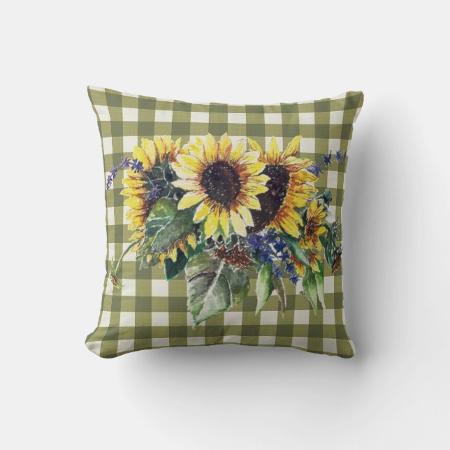 Sunflower Bouquet on Green Gingham Cushion (Front)