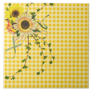 sunflower bouquet on yellow gingham ceramic tile