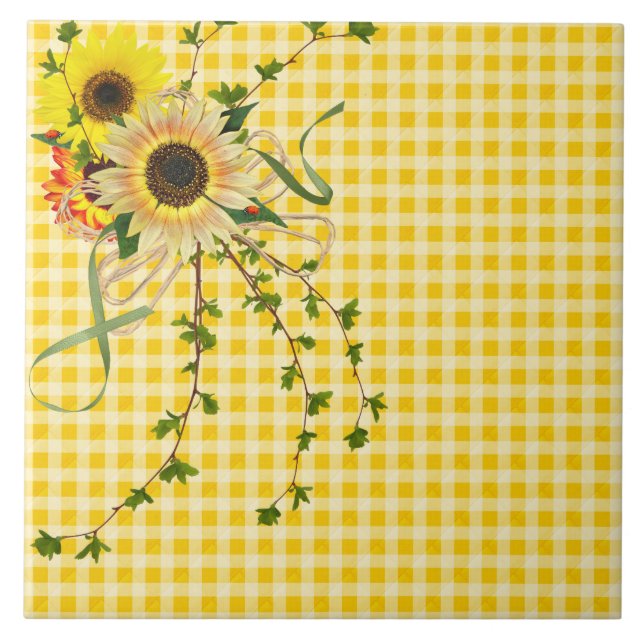 sunflower bouquet on yellow gingham ceramic tile (Front)