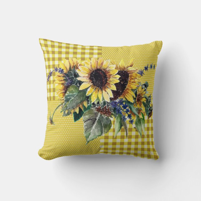 Sunflower Bouquet on Yellow Gingham Pattern Cushion (Front)
