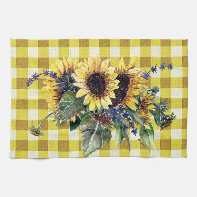 Sunflower Bouquet on Yellow Gingham Tea Towel (Horizontal)