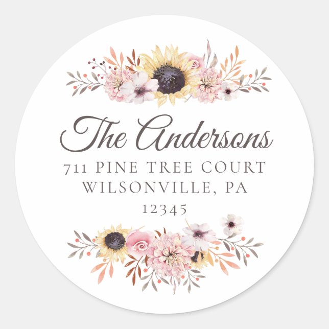 Sunflower Bouquet Round Return Address Labels (Front)