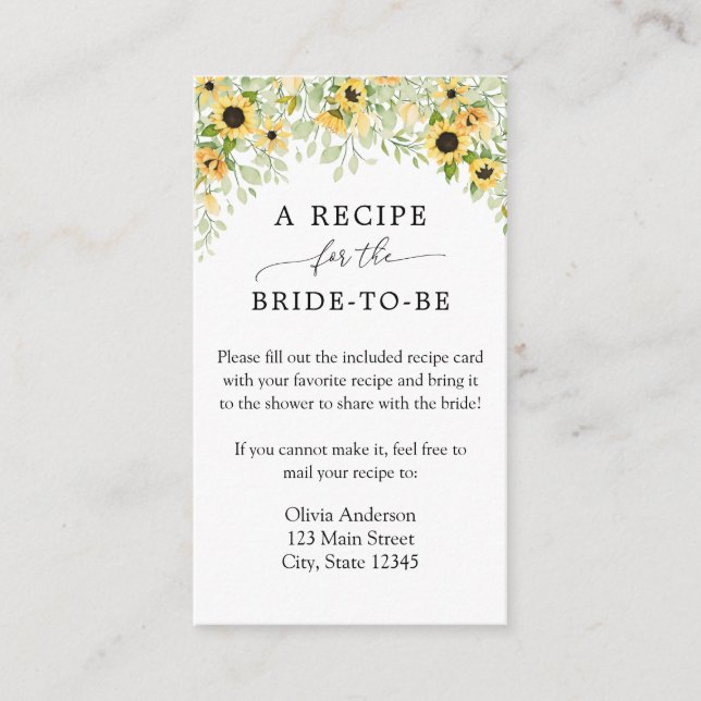 Sunflower Bridal Recipe Request  Enclosure Card (Front)