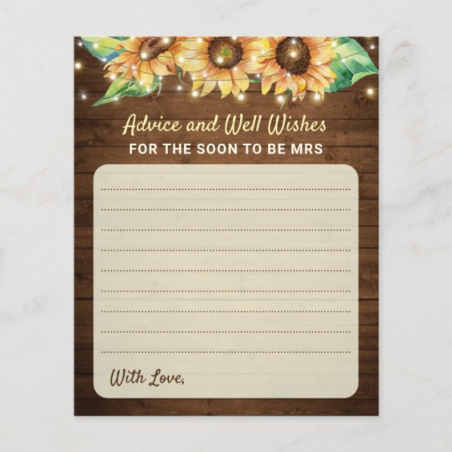 Sunflower Bridal Shower Bride Mrs Advice Cards (Front)