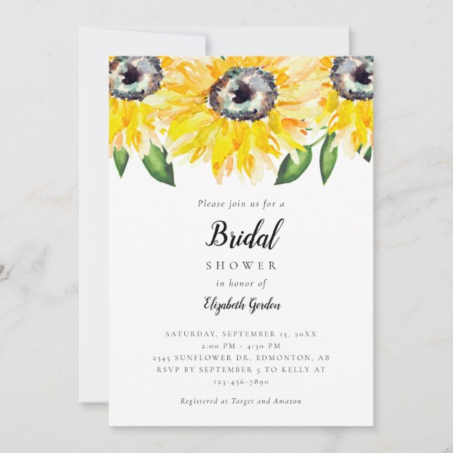 Sunflower Bridal Shower Elegant Script Watercolor  Invitation (Front)