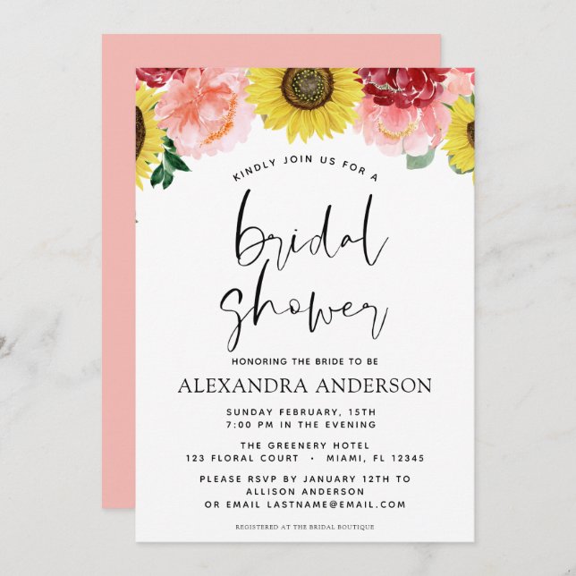 Sunflower Bridal Shower Floral Blush Pink Invitation (Front/Back)