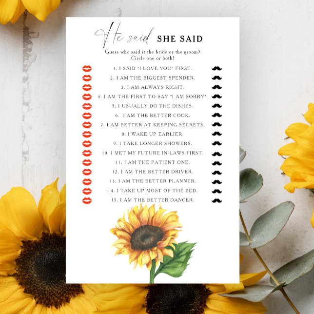 Sunflower bridal shower He said she said game (Creator Uploaded)
