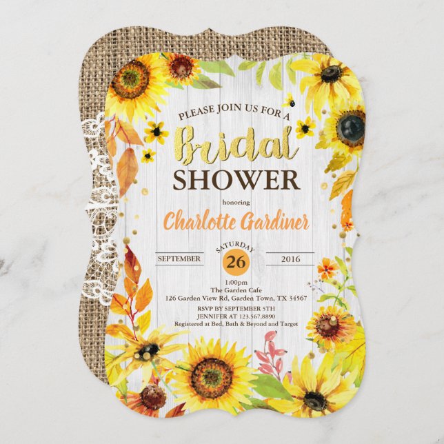 Sunflower bridal shower invitation rustic wood (Front/Back)