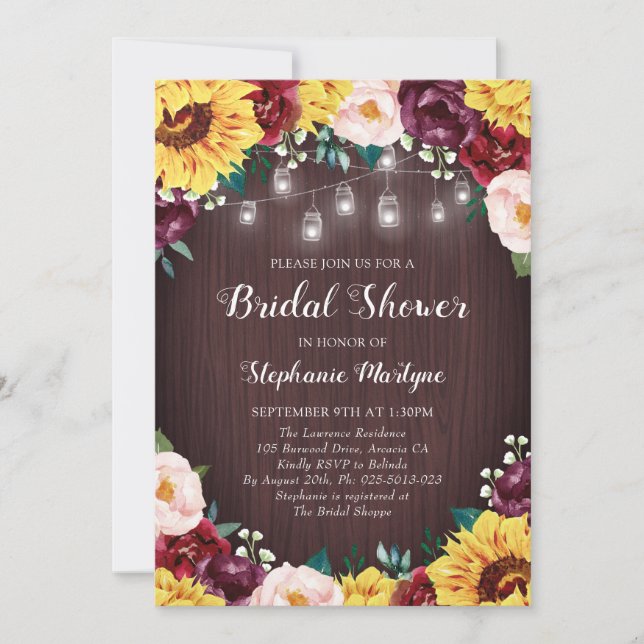 Sunflower Bridal Shower Mason Jars Burgundy Invitation (Front)