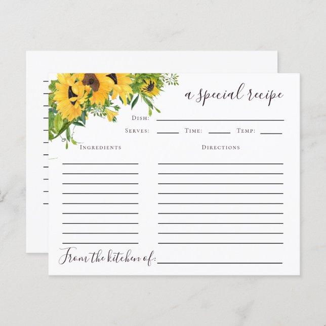 Sunflower Bridal Shower Recipe Card (Front/Back)