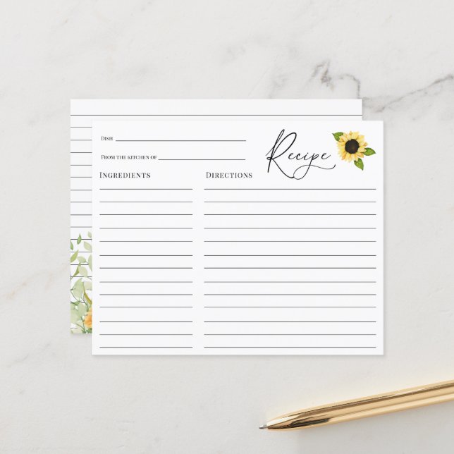 Sunflower Bridal Shower Recipe card (Front/Back In Situ)