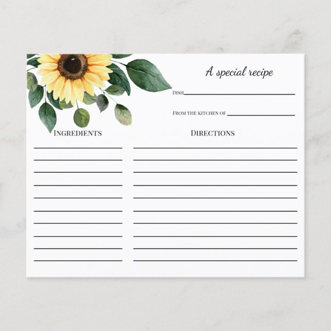 Sunflower Bridal Shower Recipe card (Front)
