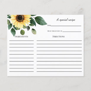 Sunflower Bridal Shower Recipe card