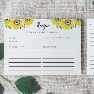 Sunflower Bridal Shower Recipe Card Watercolor