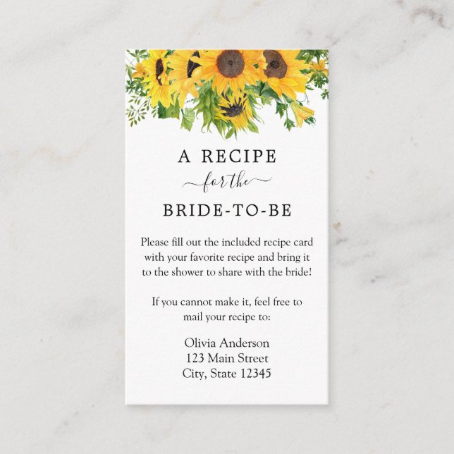 Sunflower Bridal Shower Recipe Request Enclosure Card (Front)