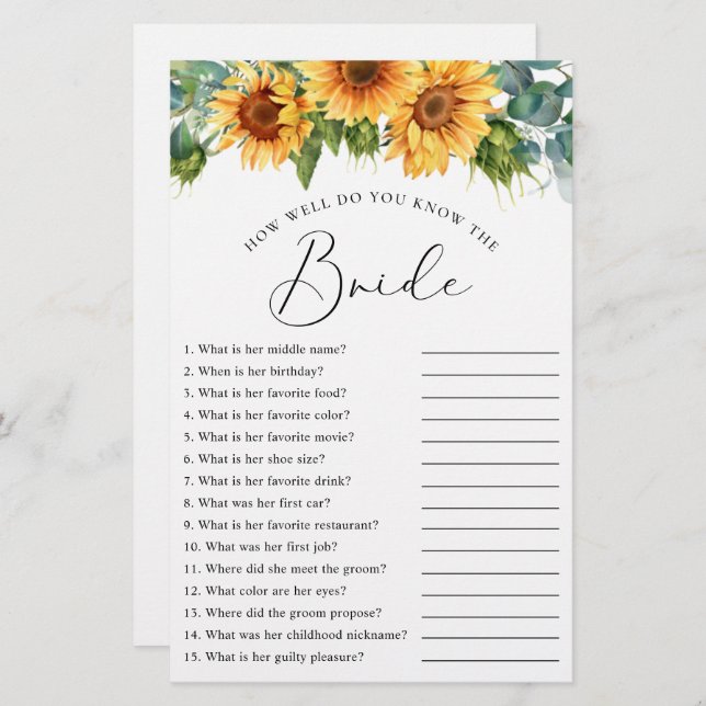 Sunflower Bride Bridal Shower Game (Front/Back)