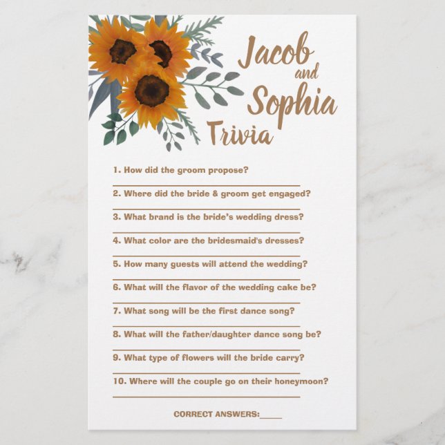 SUNFLOWER BRIDE & GROOM TRIVIA SHOWER GAME CARD (Front)