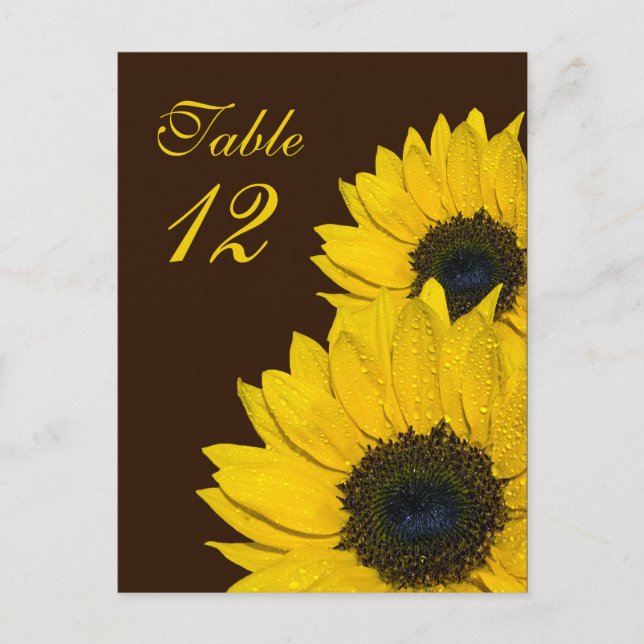 Sunflower Brown Yellow Wedding Table Number Card (Front)