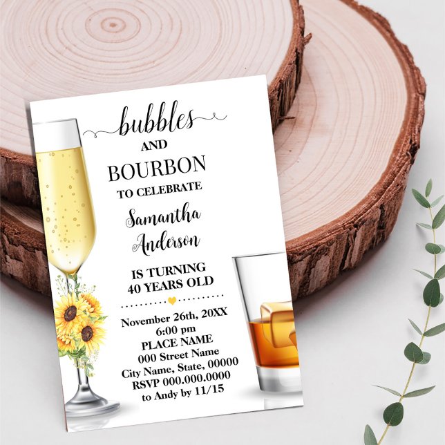 Sunflower Bubbles & Bourbon Adults Birthday Invitation (Creator Uploaded)
