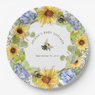 Sunflower Bumble Bee Blue Hydrangea Baby Shower Paper Plate