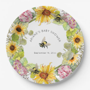 Sunflower Bumble Bee Pink Hydrangea Baby Shower Paper Plate