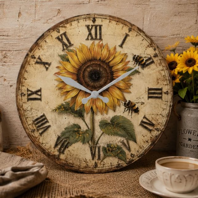 Sunflower & Bumble Bee Rustic Farmhouse Large Clock (Creator Uploaded)
