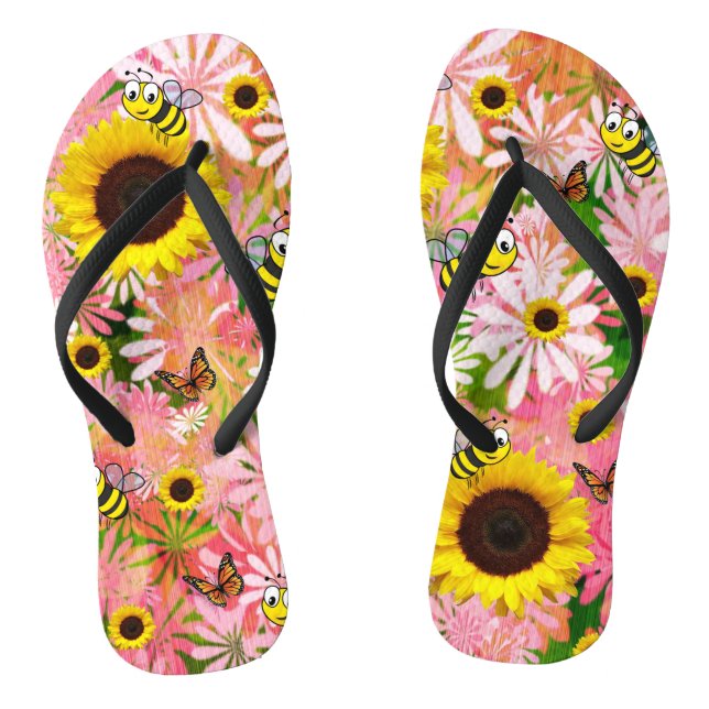 Sunflower Bumblebee Butterfly Flip Flops (Footbed)