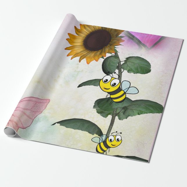 Sunflower Bumblebee Matte Wrapping Paper (Unrolled)