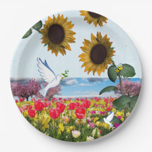 Sunflower Bumblebee White Dove  Paper Plates