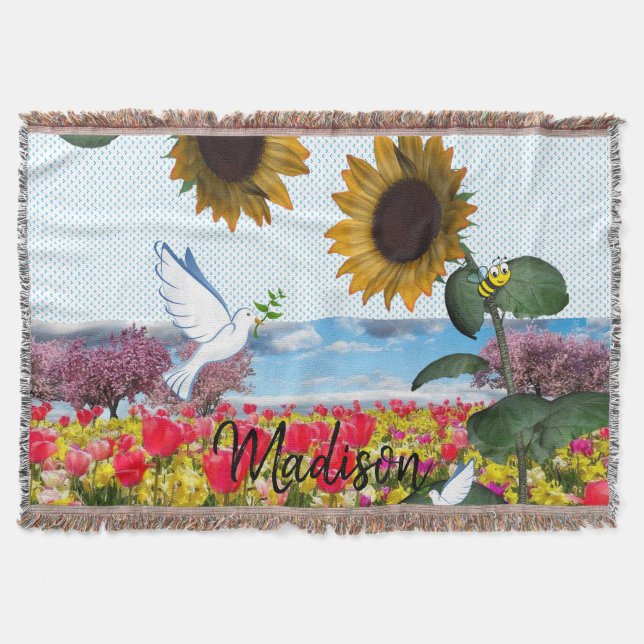 Sunflower Bumblebee White Dove Throw Blanket (Front)