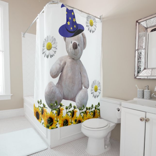 Sunflower Bumblebee WhiteTeddy Bear Shower Curtain (In Situ)