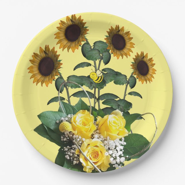 Sunflower Bumblebee Yellow Roses Paper Plates (Front)