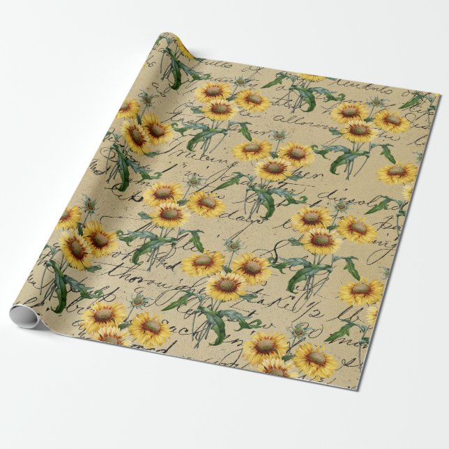 Sunflower Bunches and Cursive Wrapping Paper (Unrolled)