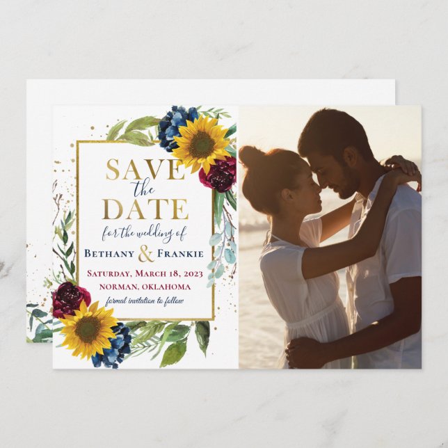 Sunflower Burgundy Blue Floral Photo Save The Date (Front/Back)