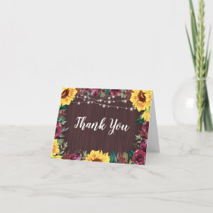 Sunflower Burgundy Border Wood Lights Wedding Thank You Card