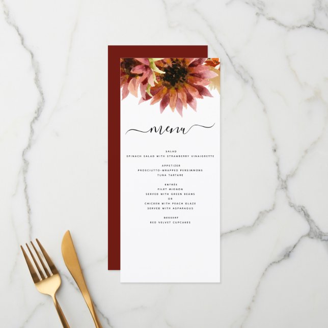 Sunflower Burgundy Country Watercolor Wedding Menu (Front/Back In Situ)