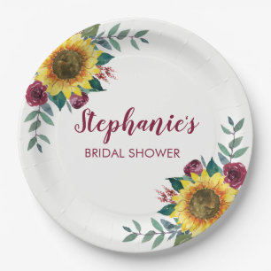 Sunflower Burgundy Floral Bridal Shower Paper Plate