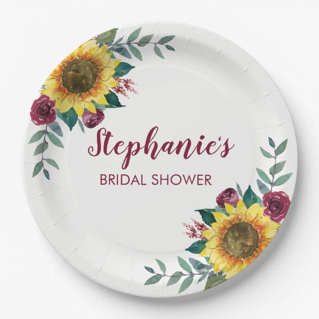 Sunflower Burgundy Floral Bridal Shower Paper Plate (Front)